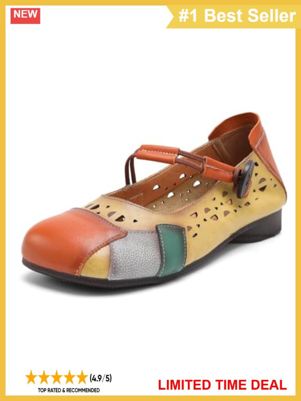 Cowhide Leather Mary Jane Flats Square Toe Buckle Loafers Walking Shoes